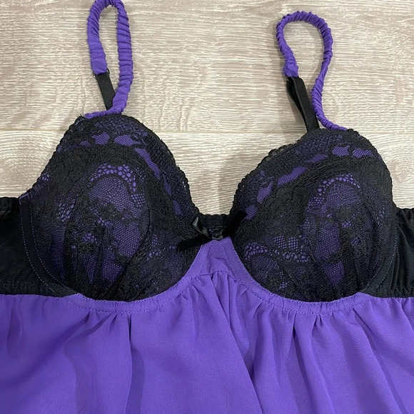 NWOT Ambrielle Lace Babydoll Negligee Nightgown Black Purple Adjustable Straps M - Picture 10 of 12